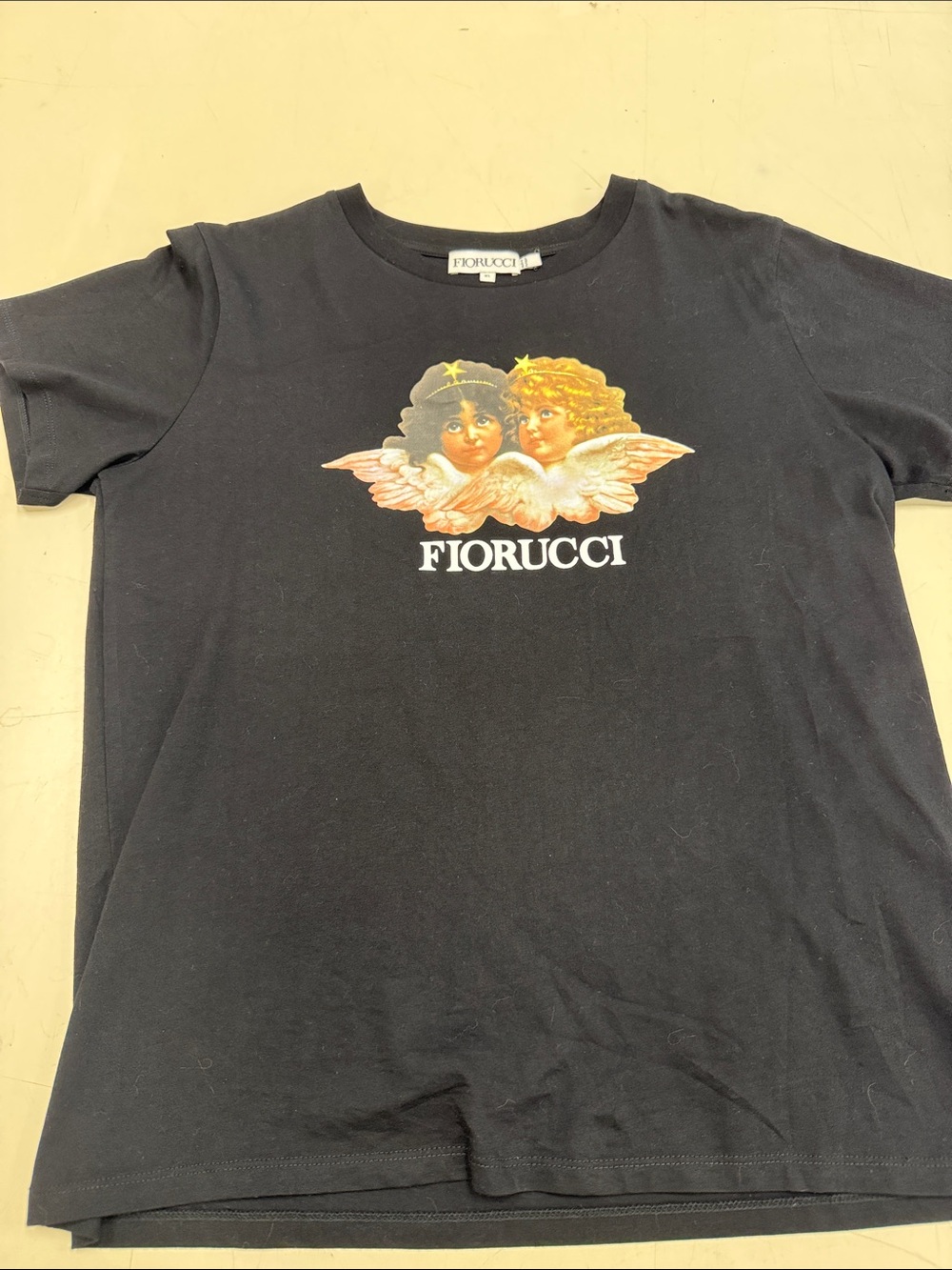 Fiorucci Black Tee with Twin Cherub Graphic